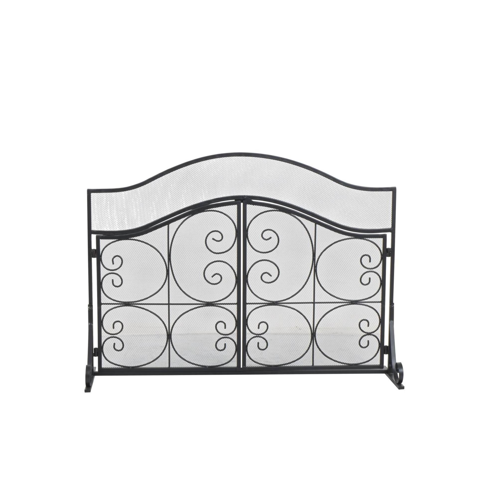 41" Black Metal Scroll Arched 1-Panel 2-Door Fireplace Screen with Mesh Backing